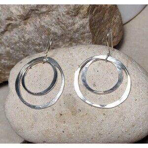 Hammered Sterling Silver 925 Double Hoop Circle Dangle Earrings 2"